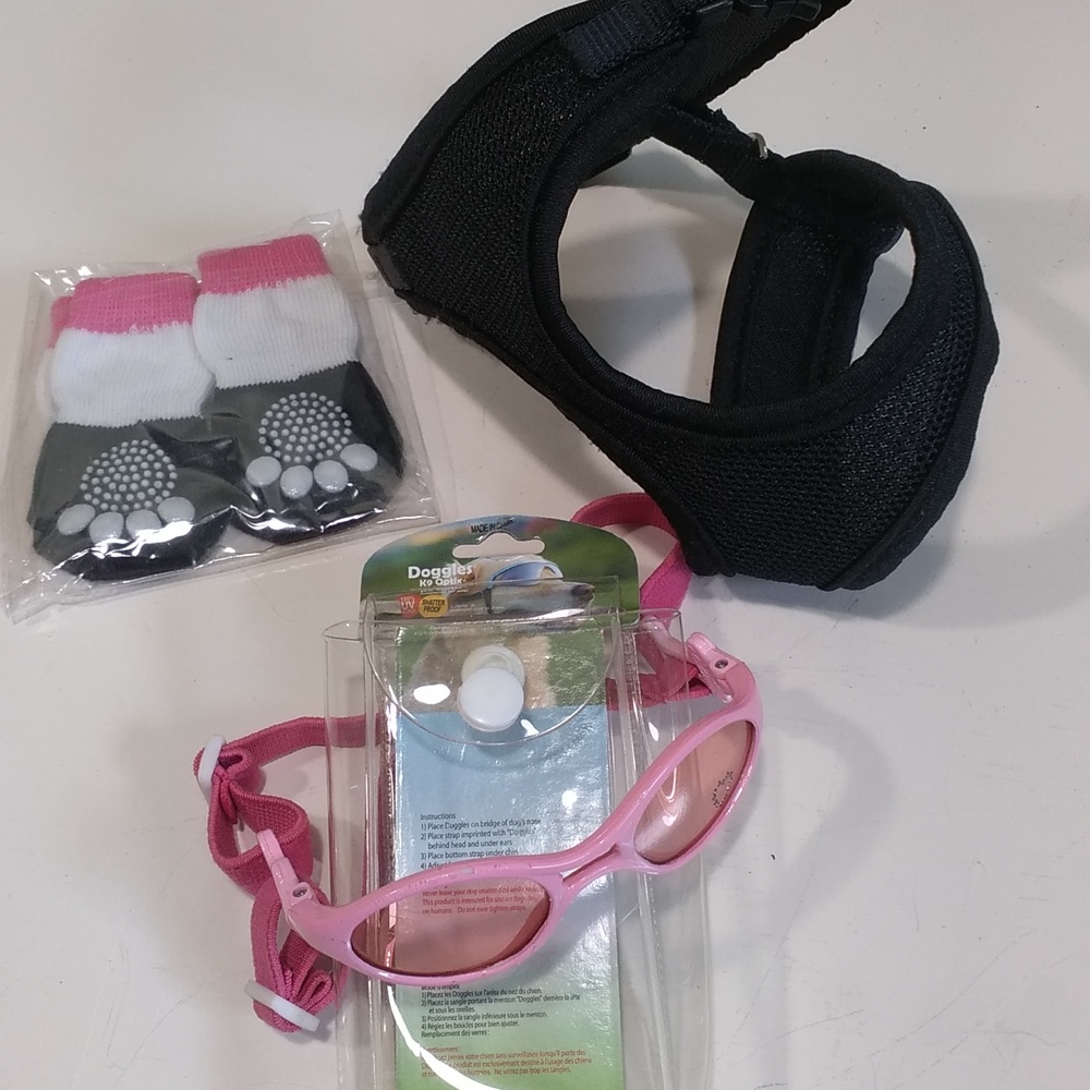 Dog lot of xxs sun glasses pink medium socks grip paws dog xs harness black